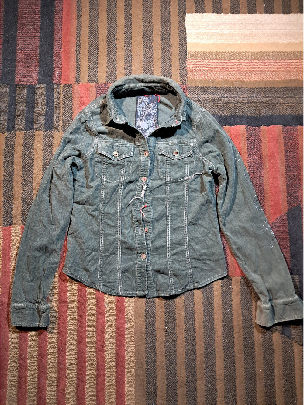 Guess Who Olive Rhinestone Skull Button Front Jacket Size L
